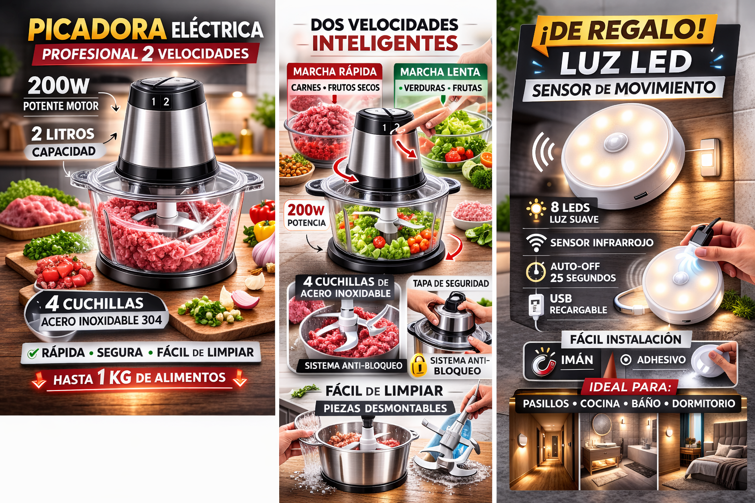 PICADORA ELECTRICA 2 VELOCIDADES MAS LUZ LED NOCTURNA DE REGALO